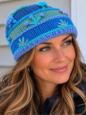 Handmade‎ in Nepal Blue & Green Floral 100% Wool Knit Beanie Hat